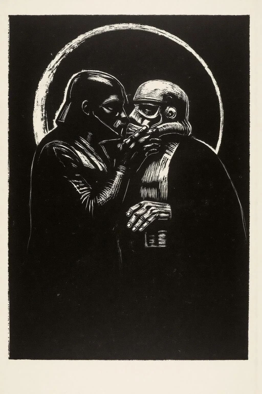 kako1 black and white woodcut print. Darth Vader and a Stormtrooper Kissing under a crescent moon. <lora:kako3_woodcut_cap_d6a3e11:1.0><lora:817676703024519396:0>