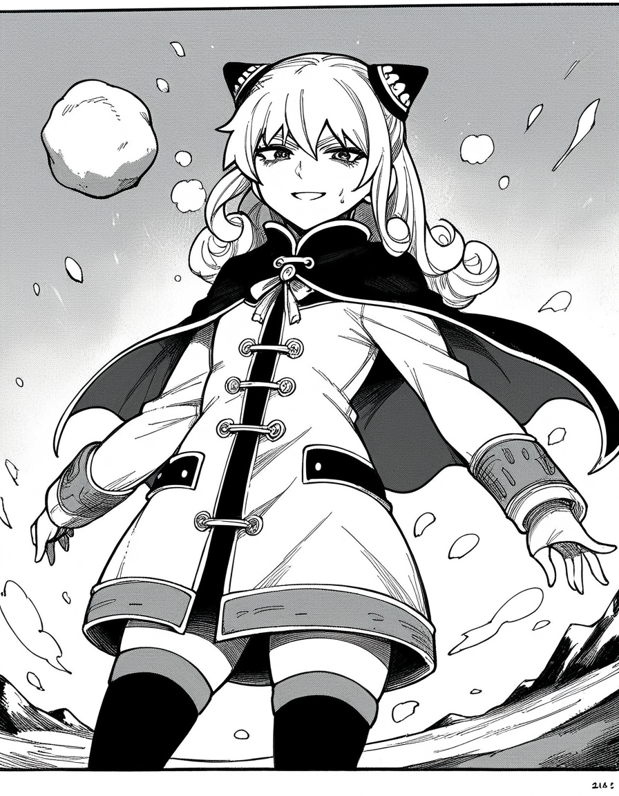 score_9, score_8_up, score_7_up, source_anime, <lora:ashe-talton-manga-ponyxl-lora-nochekaiser:1>, rengoku ashe, long hair, greyscale, monochrome,, thighhighs, long sleeves, capelet, cape, dress, white dress,, snow day, winter clothes, snowball fight, laughter, cold breath, white landscape, smile, looking at viewer, solo,, cowboy shot, dutch angle