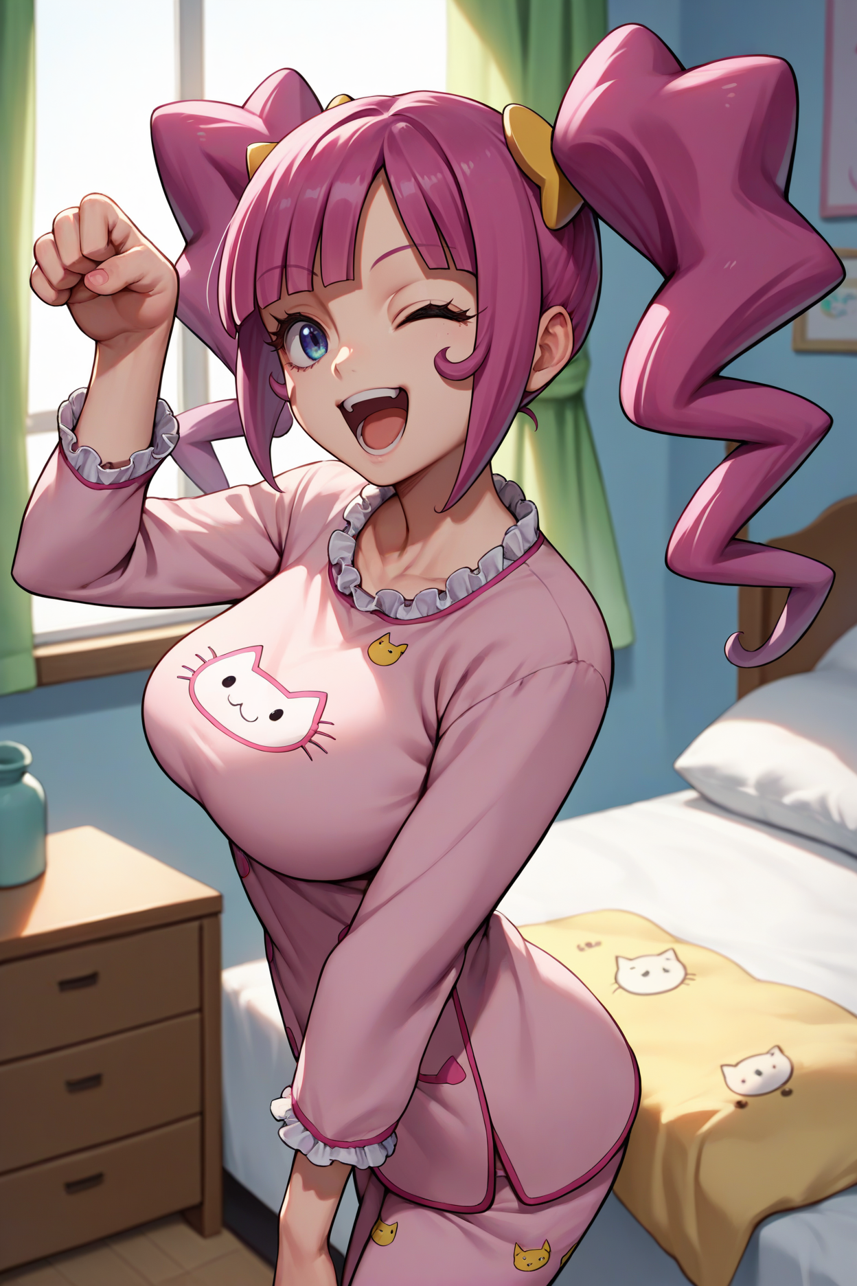 score_9, score_8_up, score_7_up, score_6_up, source_anime, 1girl, solo,  <lora:mihoshi-pdxl-nvwls-v1-000005:0.9> kirara, twintails, pink hair, hair ornament, big breasts, cat print pajamas, pajamas, paw pose, looking at you, wink, happy, open mouth, from side, bedroom, indoors, bed