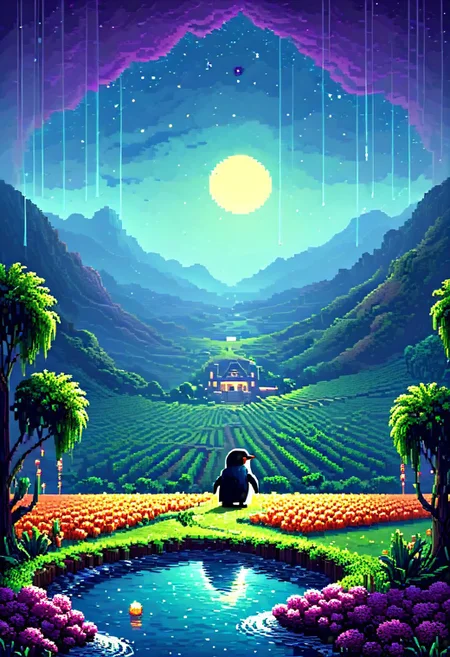 A pixel art scene depicting "The time for awe" in overcast weather, showcasing a picturesque vineyard with a captivating atmosphere. A slimy penguin sits in the foreground, surrounded by constantly circling fireflies, featuring a unique Wookiee hair style.
sci-fi, alien-worlds, eeriness, futuristic, outer-space, science-fiction, alien-themed, extraterrestrial, cosmic, otherworldly, mysterious,
pixel-art, low-res, blocky, pixel art style, 8-bit graphics, blocky, pixelated, vibrant colors, cute,
beautiful, painterly, artistic, aesthetic, vivid, vibrant, volumetric lighting,
made of w00kiee, aid291, midjourneyv6.1