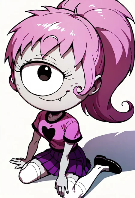 score_9, score_8_up, score_7_up BREAK SimoneP, 1girl, pink hair, ponytail, black eye, one-eyed, cyclops, freckles, fangs, short-sleeve pink shirt, pleated purple skirt, white stockings, black shoes, smiling at viewer, full body,