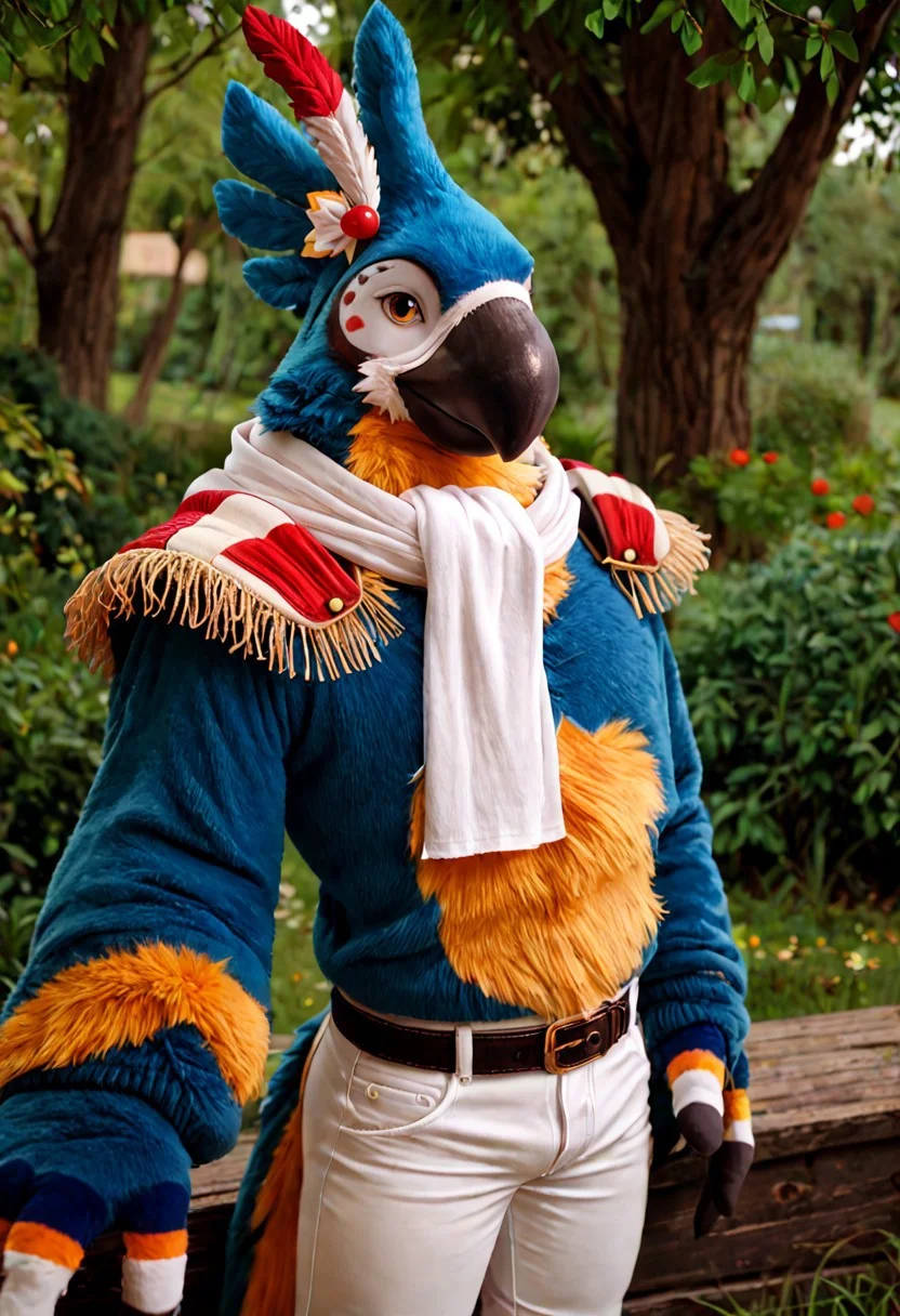 score_9, score_8_up, score_7_up, score_6_up, BREAK, anthro, male, KassPXL, anthro, yellow eyes, feathers, muscular:1.3, hunky, white scarf, stripped shoulder pads, white pants, belt, feather headpiece, (fursuit), looking at viewer, photorealistic, park
