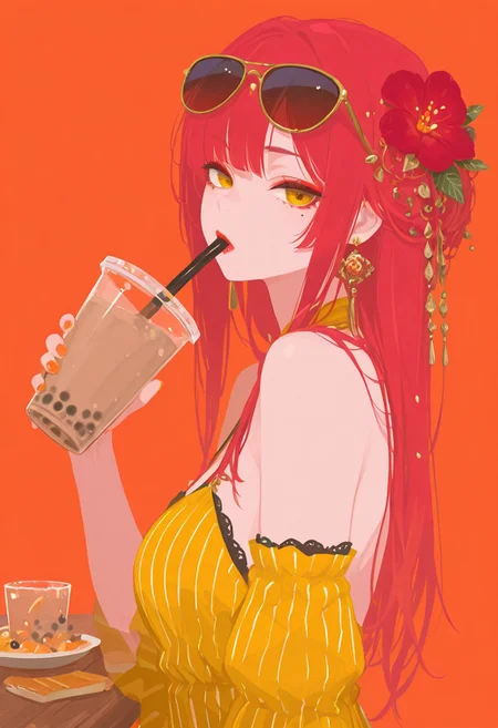 masterpiece,best quality,amazing quality, 1girl, solo, long hair, looking at viewer, golden eyes, hair ornament, dress, holding, jewelry, red hair, upper body, flower, earrings, food, detached sleeves, hair flower, striped clothes, nail polish, mole, from side, red sky, cup, looking to the side, mole under eye, makeup, yellow dress, fruit, orange background, sunglasses, holding cup, eyewear on head, orange nails, red flower, vertical-striped clothes, drinking straw, red theme, drink, red lips, striped dress, vertical-striped dress, holding drink, bubble tea, drinking straw in mouth, h4ra_illu