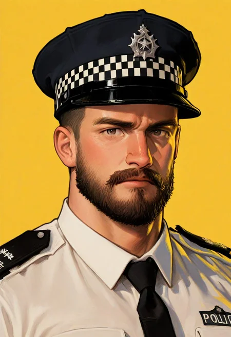 1boy,facial hair,male focus,solo,beard,hat,mustache,portrait,yellow background,looking at viewer,uniform,shirt,black necktie,collared shirt,necktie,peaked cap,short hair,black headwear,police hat,muscular,mature male,
best quality,amazing quality,very aesthetic,safe,
<lora:4k:1>,<lora:chequered_police_helmet_UK_police_hat:1>,