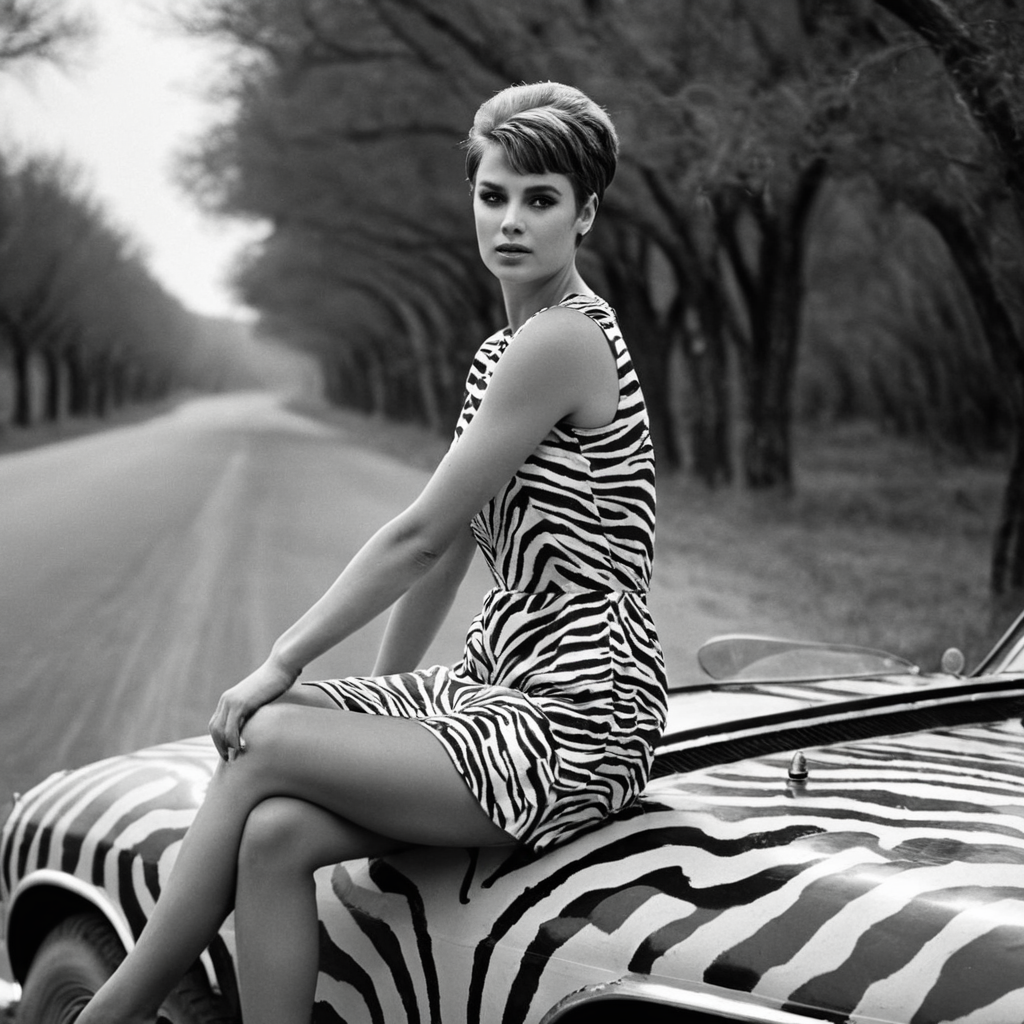 cinematic film still of  <lora:1960's style:1>
In the 1960's a woman in a zebra dress is sitting on a zebra paint car,1girl,solo,short hair,dress,sitting,monochrome,greyscale,tree,hand on hip,crossed legs,ground vehicle,motor vehicle,realistic,car,road,vehicle focus ,realistic,realism, detailed, perfection,perfect,filmic,retro,vintage,classic,different haircut,different look,different style,1960's style , 1960 style, shallow depth of field, vignette, highly detailed, high budget, bokeh, cinemascope, moody, epic, gorgeous, film grain, grainy