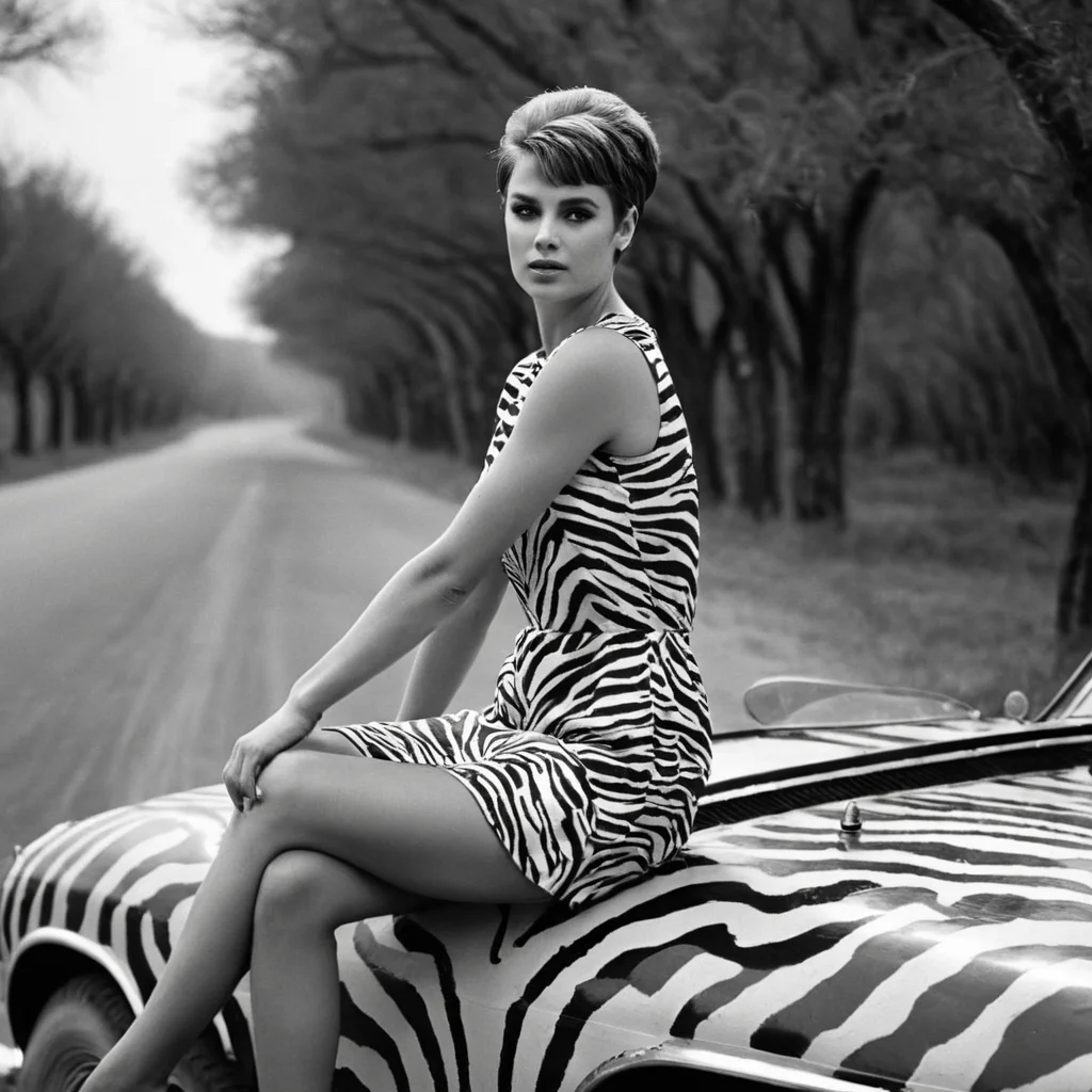 cinematic film still of <lora:1960's style:1>
In the 1960's a woman in a zebra dress is sitting on a zebra paint car,1girl,solo,short hair,dress,sitting,monochrome,greyscale,tree,hand on hip,crossed legs,ground vehicle,motor vehicle,realistic,car,road,vehicle focus ,realistic,realism, detailed, perfection,perfect,filmic,retro,vintage,classic,different haircut,different look,different style,1960's style , 1960 style, shallow depth of field, vignette, highly detailed, high budget, bokeh, cinemascope, moody, epic, gorgeous, film grain, grainy