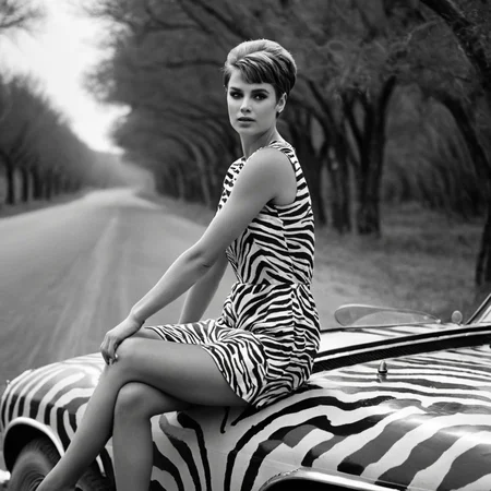 cinematic film still of <lora:1960's style:1>
In the 1960's a woman in a zebra dress is sitting on a zebra paint car,1girl,solo,short hair,dress,sitting,monochrome,greyscale,tree,hand on hip,crossed legs,ground vehicle,motor vehicle,realistic,car,road,vehicle focus ,realistic,realism, detailed, perfection,perfect,filmic,retro,vintage,classic,different haircut,different look,different style,1960's style , 1960 style, shallow depth of field, vignette, highly detailed, high budget, bokeh, cinemascope, moody, epic, gorgeous, film grain, grainy