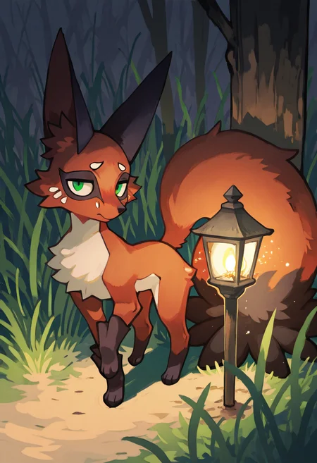 masterpiece, best quality, looking at viewer, zzNickit, misty field before dawn, tall grass swaying, single lantern post in distance, faint morning fog, poised to leap, body low, muscles tensed, silence â In a sea of silver grass shrouded by early morning fog, zzNickit lies low to the earth, its form still and focused. The distant glow of a lone lantern flickers on the horizon, barely piercing the haze. Grass brushes softly against its fur as it prepares to spring forward, motionless but electric with intent. ,<lora:NickitPokedex_IXL_v1:1.0>,