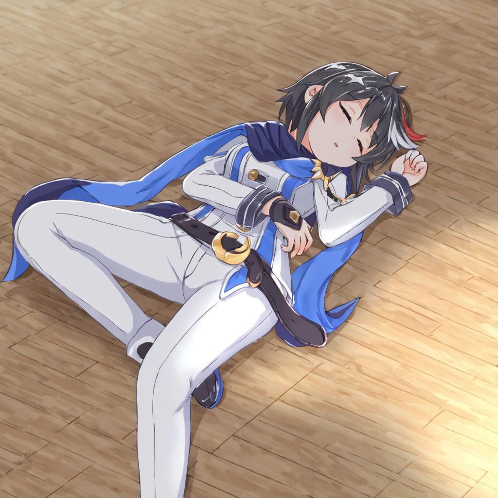 0tsuu_MS lying on the floor sleeping.
0tsuu_MS, white uniform, white pants, blue scarf