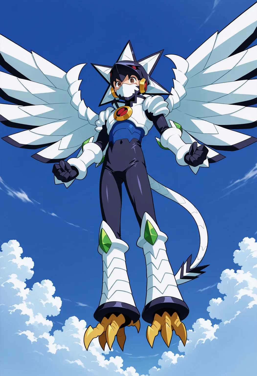 masterpiece,best quality,amazing quality,beast form cross fusion megaman,mask,1boy,armor,solo,sky,helmet,wings,tail,claws,blue sky,bodysuit,green forehead jewel\(gregar\),day,white mouth mask,clenched hands,male focus,black bodysuit,brown eyes,outdoors,cloud,from below,full body,shoulder armor,talons,(anime screenshot:0.1),yellow talons,white greaves,white tail,white wings,white vambraces,white-blue cuirass,covered mouth,dark bule-white spikes helmet,<lora:gregar_falzar_V2-2:0.9>,official art,flying,