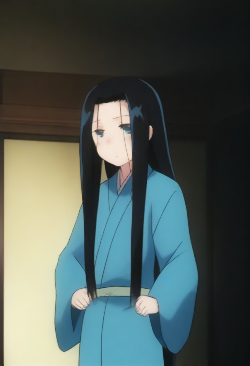 Masterpiece, Top Quality, source_anime, anime screencap, source_anime, auratheguillotine, anime screencap, masterpiece, source_anime, shiny skin,,,,anrakutei, blue_eyes, black_hair, very_long_hair, blue_kimono, long_sleeves, wide_sleeves,