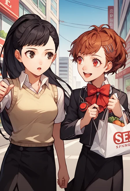 score_9, score_8_up, score_7_up, source_anime, 2girls, looking at another, outdoors, city, shopping BREAK
chestnut mouth, <lora:zs_RioXL:1> riop3, black hair, long hair, ponytail, asymmetrical bangs, brown eyes, sweater vest, medium breasts, black skirt, bare legs, BREAK
open mouth, smile, holding shopping bag, <lora:persona3_shiomi_ponyXL:1> shiomi kotone, hairclip, gekkoukan high school uniform, black jacket, red bow, long sleeves, black skirt, headphones, digital media player
