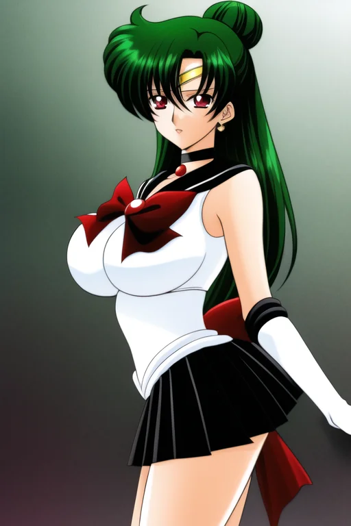 masterpiece, best_quality, highres, <lora:SetsunaMeiou:0.55>, SetsunaMeiou, green_hair, hair_bun, red_eyes, big_breasts, standing, black_sailor_collar, black_skirt, black_choker, solo, sailor_senshi_uniform, tiara, gloves
