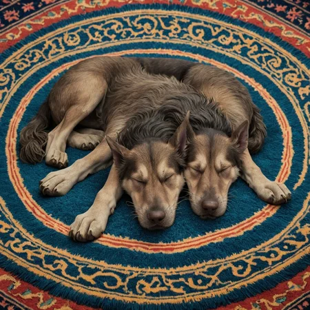 photograph of a cerberus laying on a rug asleep<lora:cerberus-000011:1>