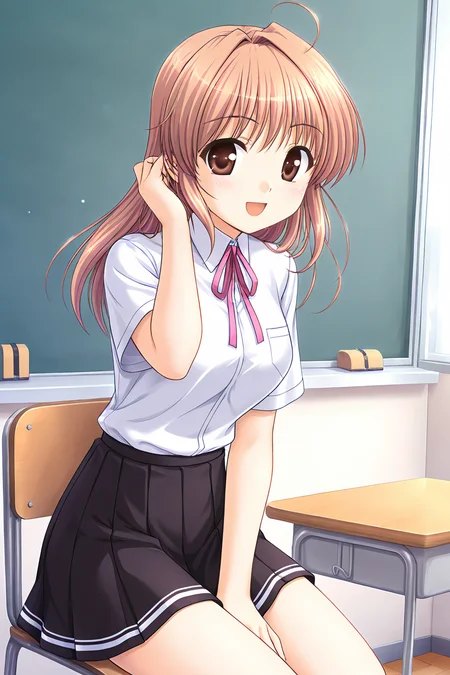 masterpiece, best quality, absurdres, official art, official style, rating general BREAK <lora:yuukiharuna_IL_v1-1:0.7>, yuuki haruna, 1girl, solo, brown eyes, brown hair, ahoge, long hair, hair intakes, medium breasts,
school uniform, summer school uniform, white shirt, dress shirt, collared shirt, short sleeves, neck ribbon, pink ribbon, breast pocket, black skirt, miniskirt, pleated skirt, open mouth, blush, smile, :d, happy, looking at viewer, cowboy shot, sitting, on chair, school chair, school desk, classroom, from side, looking back