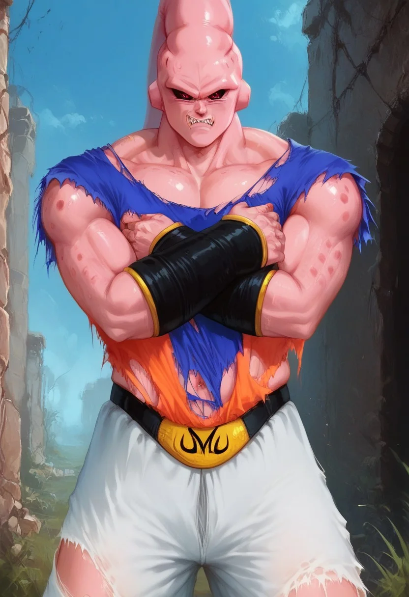 score_9, score_8_up, score_7_up, sfw, male, buuhandb, source_anime, 1boy, solo, pink skin, red eyes, black sclera, pants, bracers, bare_chest,(ripped clothes:1.5),white_pants, lean body, angry, wide eyes, fangs, posing,)))
BREAK
wasteland, ruins, outside, night,