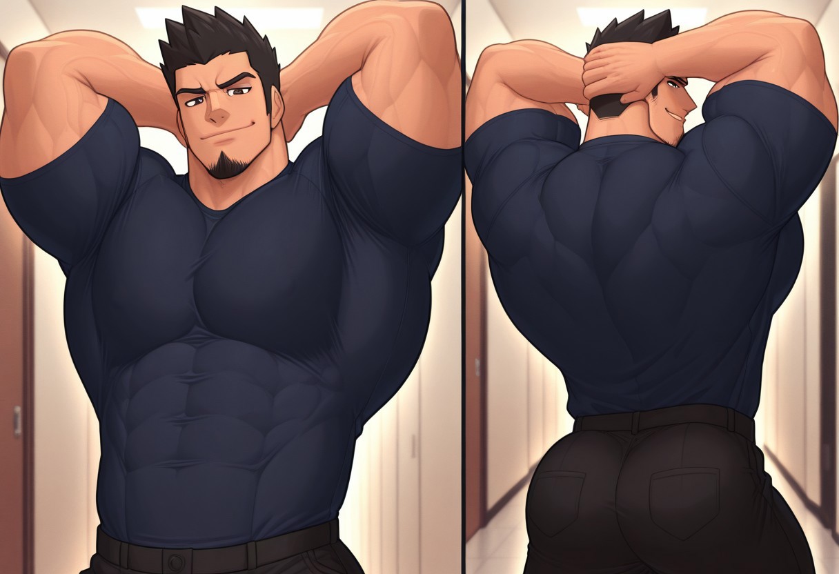 ,young adult,masterpiece,best quality,amazing quality,very aesthetic,absurdres,newest,masculine, masculine ,broad muscular body, broad shoulders, hot muscular body,male focus,attractive body, big muscular pecs ,masculine expressions, huge pecs,, broad shoulders, thick thighs, thick arms, 6 pack abs, tall and imponent body,,masculine , manly, pectorals,male focus,muscular,stubble hair on chin, detailed background, bodybuilder, facial hair, , solo focus,w0lfc0nf,, side view, black hair, black eyes, spiked hair, black goatee, , , big body, hallway, backback, dark blue shirt, black pants, hands behind head, looking down at viewer, against wall , chin up, looking at viewer,smirk, cocky smirk, narrowed eyes, brown eyes