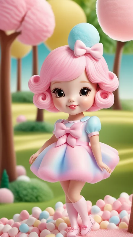 Marshmallow Munchkinette: This petite cotton candy sweetheart boasts marshmallow-like cheeks and a delicate candy ribbon bow, while dancing amid a cotton candy forest of vibrant confectionery trees.
