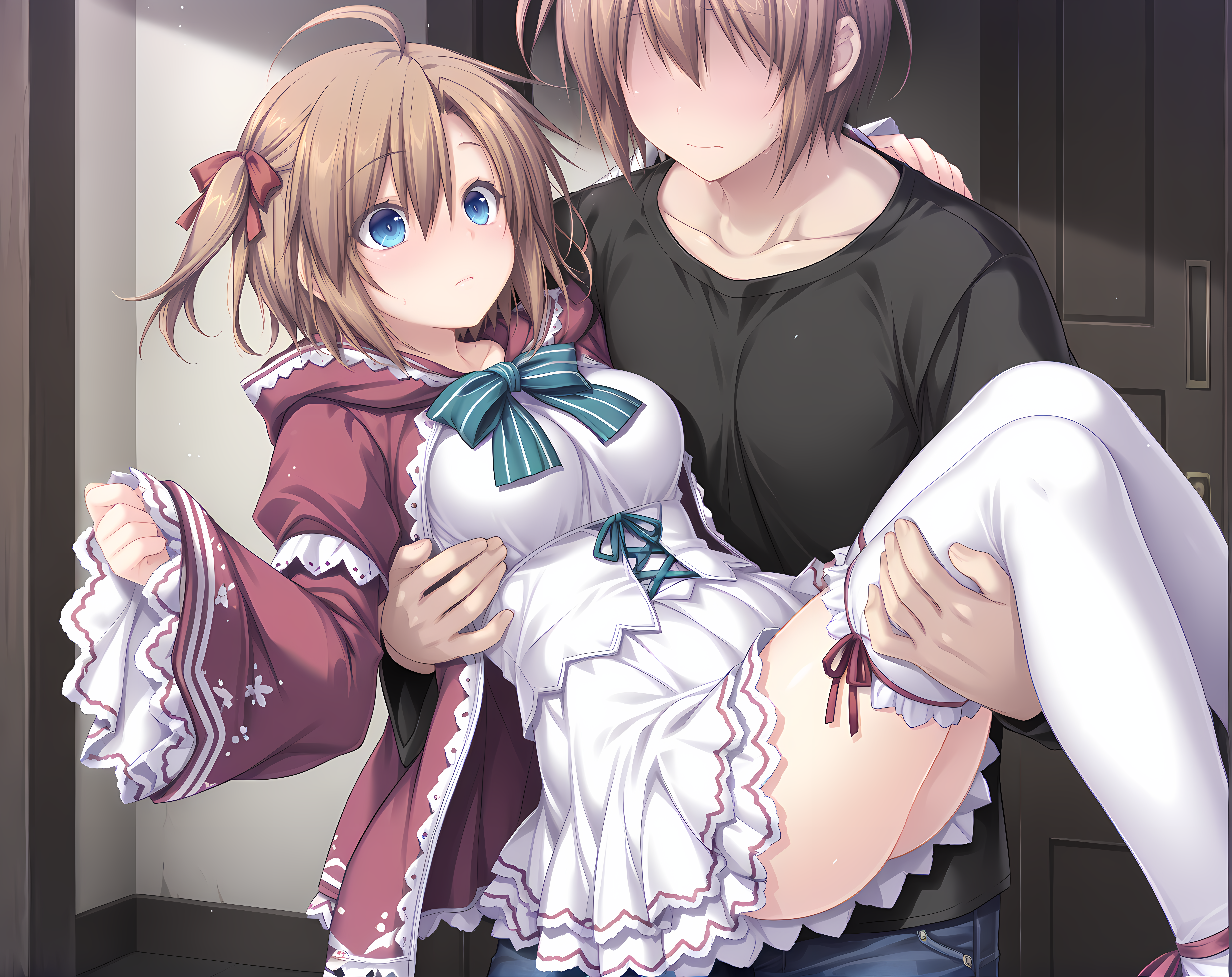 <lora:Shuri_Leyssen:0.8>,1boy,faceless male,t-shirt,jeans,solo focus,shuri,brown hair,medium breasts,short hair,blue eyes,hair between eyes,hair ribbon,ahoge,base outfit,thighhighs,princess_carry,sleeves past wrists,wide sleeves,, masterpiece,best quality,amazing quality, very aesthetic, absurdres,detailed eyes,ultra-detailed,
