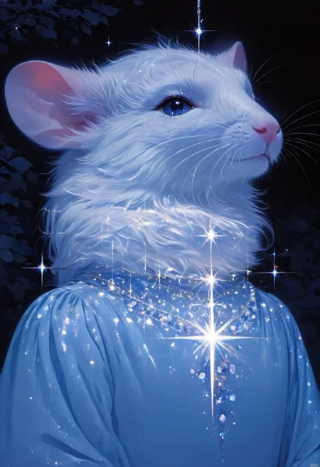 (full shot:1.9), (a mice:1.9), red pupil, (in blue european style palace clothes medieval glittering:1.7), birch tree trunk, (hang oneself with crystal rope:1.8), against a soft-focus black background, (detailed claw), (aaar7gl), (sparkle:1.9), (night), (very dark environment), moon, (gleam:1.9), painting, drawing, 8k uhd, dslr, soft lighting, best quality, film grain, masterpiece, aesthetic, (animal focus, no human:1.8), (open mouth:1.7), blinking starry sky, crown, jewelry, closed eye, dead