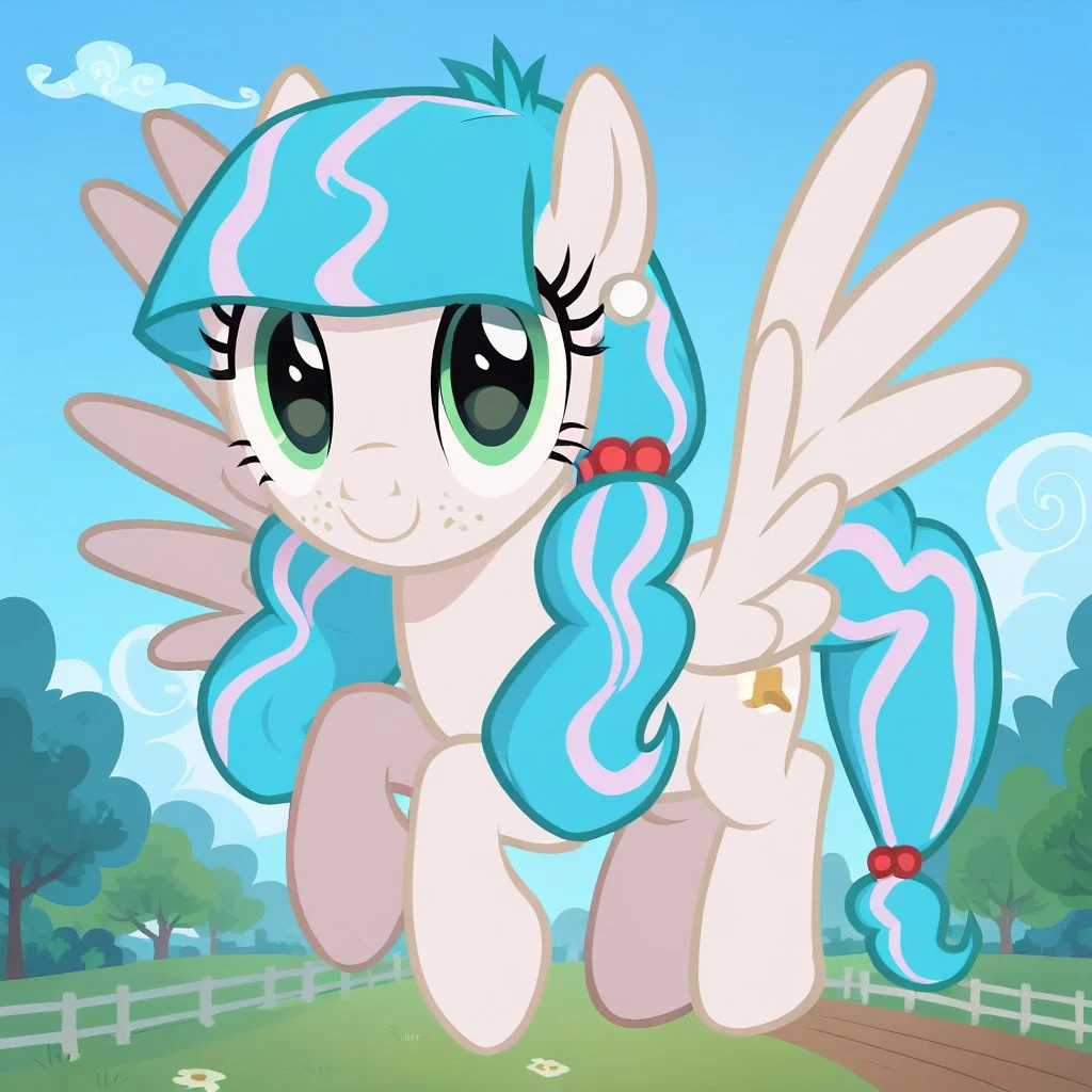 score_9, score_8_up, score_7_up, score_6_up, score_5_up, score_4_up, Sugar Stamp, pony, pegasus, turquoise blue and pink lace striped mane and tail, olive green eyes, pearl white fur, show accurate, solo, cute, best high quality, high res, outside, park, solo, cute, beautiful, flying, open wings, floating, hovering, up close, looking at viewer, pearl earrings, sad, smiling, side view