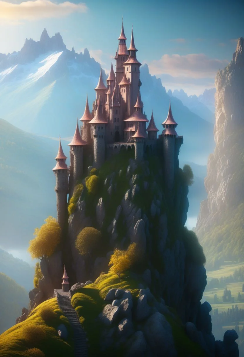 8K, fairy tale castle on a (rock spire), mountain on background