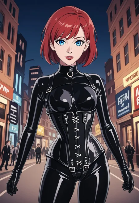 80s movie poster, Movie Poster title Text:"Death Quest 3" , Felecia Manning (fictional character) , a cute young woman, short bright red hair, blue eyes, in black leather bodysuit, long sleeves, black rubber gloves, corset, HW_Corset, collar, city streets night.