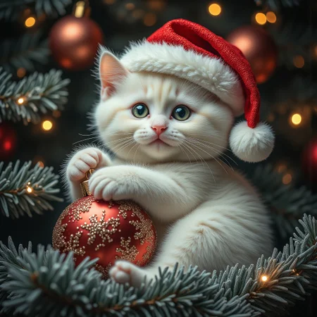 White cat on a Christmas tree wearing a Santa hat and tinsel and pawing at a ornament looking at the viewer, Very cute, photorealistic, Ultra detailed, multicolored lightning