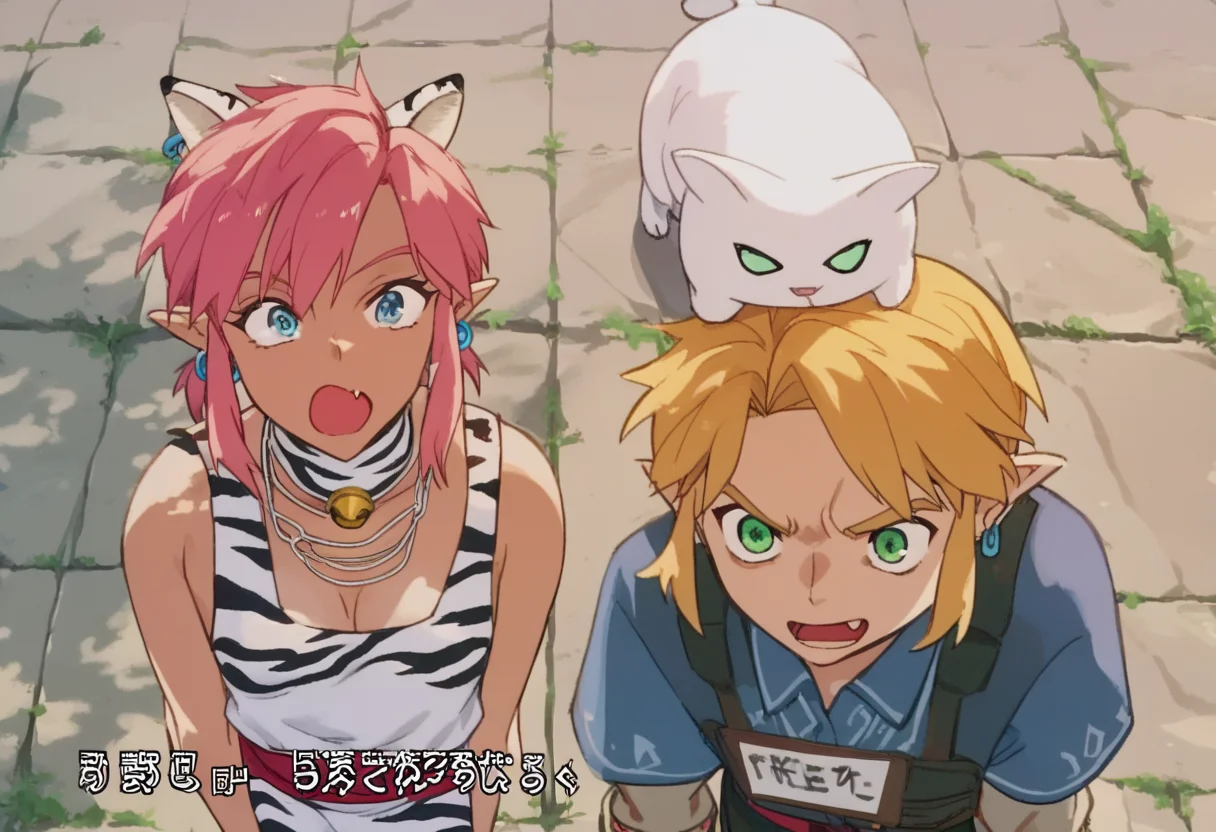 score_9, score_8_up, score_7_up, score_6_up, Masterpiece, source_anime screenshot, duo, 1 girl, 1 boy, vivid colors, full color, shiny and glossy, anime style, high-res, beautiful aesthetic, very intricate, high-quality details, vibrant, highly detailed, award-winning, professional, <lora:pink-ponyxl-v2:1>, 1 girl, single fang showing, sleeveless dress, white tiger print dress, pelvic curtain, cleavage, white cat ears, cat bell necklace, bright pink hair, tanned, white tiger tail, red sash, small breasts, leather shoes, detailed eyes, green eyes, detailed face, break, <lora:link:1> 1boy, link1, link, pointy ears, blonde hair, blue eyes, medium hair, side locks, earrings, short ponytail, blue hylian tunic, break, pink and link shouting, pink and link holding signs high above their heads, front view,