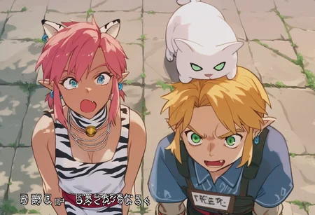 score_9, score_8_up, score_7_up, score_6_up, Masterpiece, source_anime screenshot, duo, 1 girl, 1 boy, vivid colors, full color, shiny and glossy, anime style, high-res, beautiful aesthetic, very intricate, high-quality details, vibrant, highly detailed, award-winning, professional, <lora:pink-ponyxl-v2:1>, 1 girl, single fang showing, sleeveless dress, white tiger print dress, pelvic curtain, cleavage, white cat ears, cat bell necklace, bright pink hair, tanned, white tiger tail, red sash, small breasts, leather shoes, detailed eyes, green eyes, detailed face, break, <lora:link:1> 1boy, link1, link, pointy ears, blonde hair, blue eyes, medium hair, side locks, earrings, short ponytail, blue hylian tunic, break, pink and link shouting, pink and link holding signs high above their heads, front view,