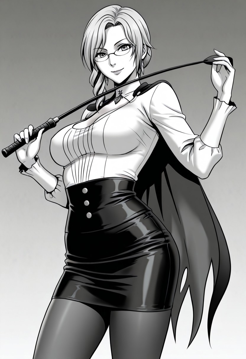 uncensored,
 <lora:[Crimson Comics] J-Girl Fight 1-3 GameCG Series Style Blend Illustrious:1>,crimsonj-girl.fightil, 1girl, solo, mature woman, glynda_rwby, white shirt, pencil skirt, glasses, pantyhose, cape, holding riding crop, smile, large breasts, dynamic background, torso up shot, monochrome, greyscale