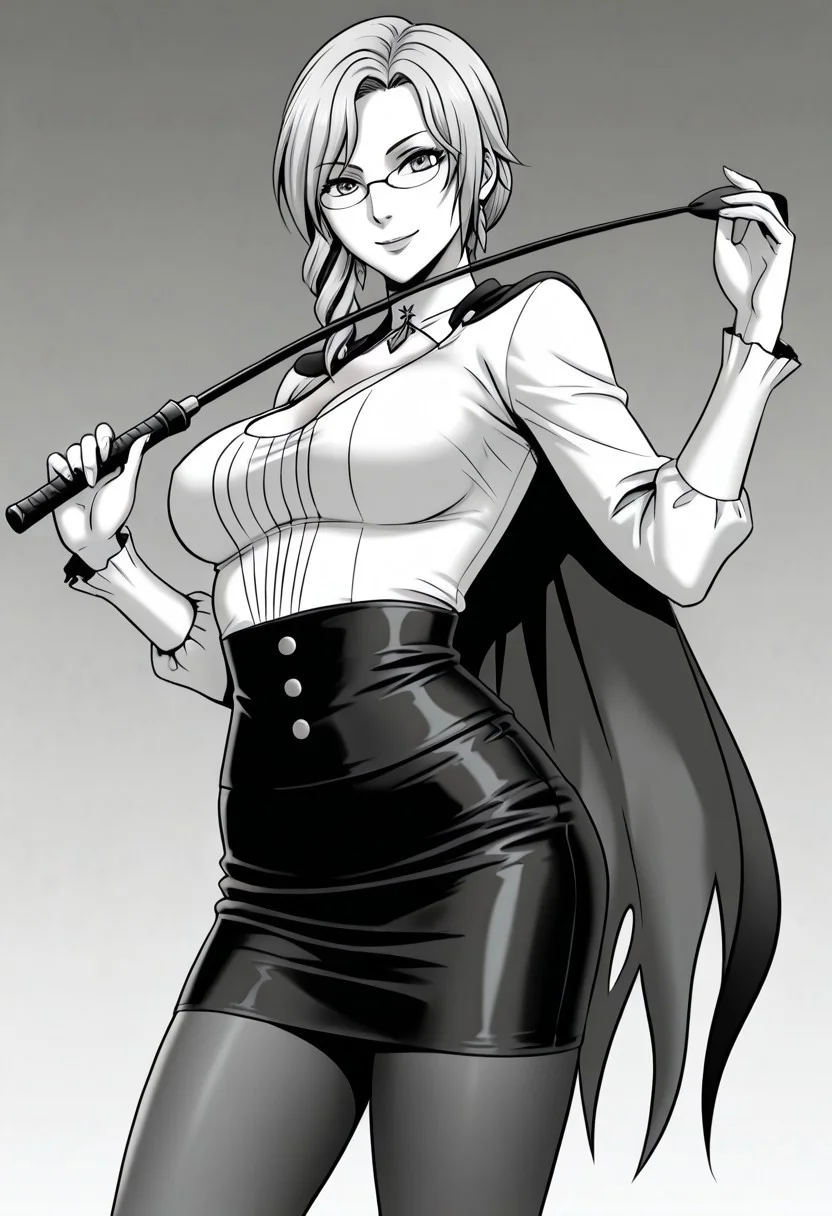 uncensored,
 <lora:[Crimson Comics] J-Girl Fight 1-3 GameCG Series Style Blend Illustrious:1>,crimsonj-girl.fightil, 1girl, solo, mature woman, glynda_rwby, white shirt, pencil skirt, glasses, pantyhose, cape, holding riding crop, smile, large breasts, dynamic background, torso up shot, monochrome, greyscale