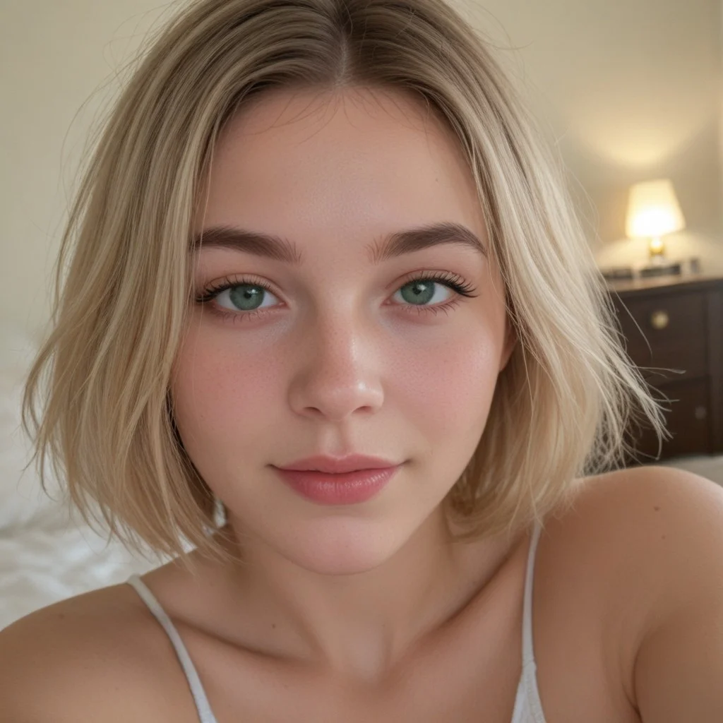 selfie, selfshot taken from above of a woman with layered bob cut , flowing light blond hair, warm and natural smile, full voluptuous lips, thick and dark eyebrows, She has bright and expressive green eyes, high and prominent cheekbones, soft and radiant skin, her hair is illuminated by gentle sunlight, creating a golden glow, the atmosphere is serene, capturing a soft and natural beauty. The image is highly detailed and photorealistic, emphasizing warmth,