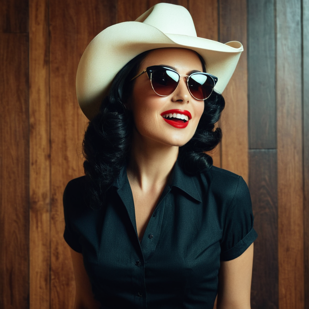 UHD, 4k, ultra detailed, cinematic, a photograph of  <lora:Retro Fashion style:1>
a woman wearing a hat and sunglasses retro style,1girl,solo,long hair,smile,shirt,black hair,hat,white shirt,grin,makeup,sunglasses,lipstick,portrait,wooden floor,realistic,red lips,cowboy hat , model, modeling, retro, fashion, vintage, classic, 1950's, 1940's 1960's, different, colorful, different hair style, vivid, film noise, film grain, filmic, perfect, perfection, detailed, contrast, deep color, saturation, fashionista, retro fashion style, epic, beautiful lighting, inpsiring