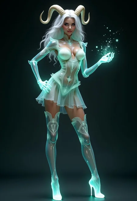 "A made of glass woman, translucent skin, seductive stand Queen golem in dress and Thigh high boots, marked with glowing arcane symbols. Her expression is both mischievous and alluring, with a slight smile and piercing eyes. Goat horns frame her face, white curly hair, and faint magical sparks float around her, hinting at her restrained power. , displaying a mix of curiosity and quiet defiance, suggesting she’s pondering an escape."