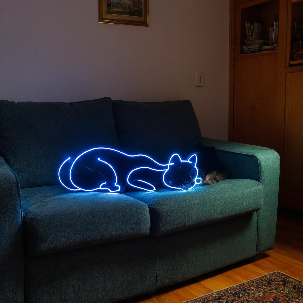 blue light painting of a small cat asleep on a couch, apartment setting