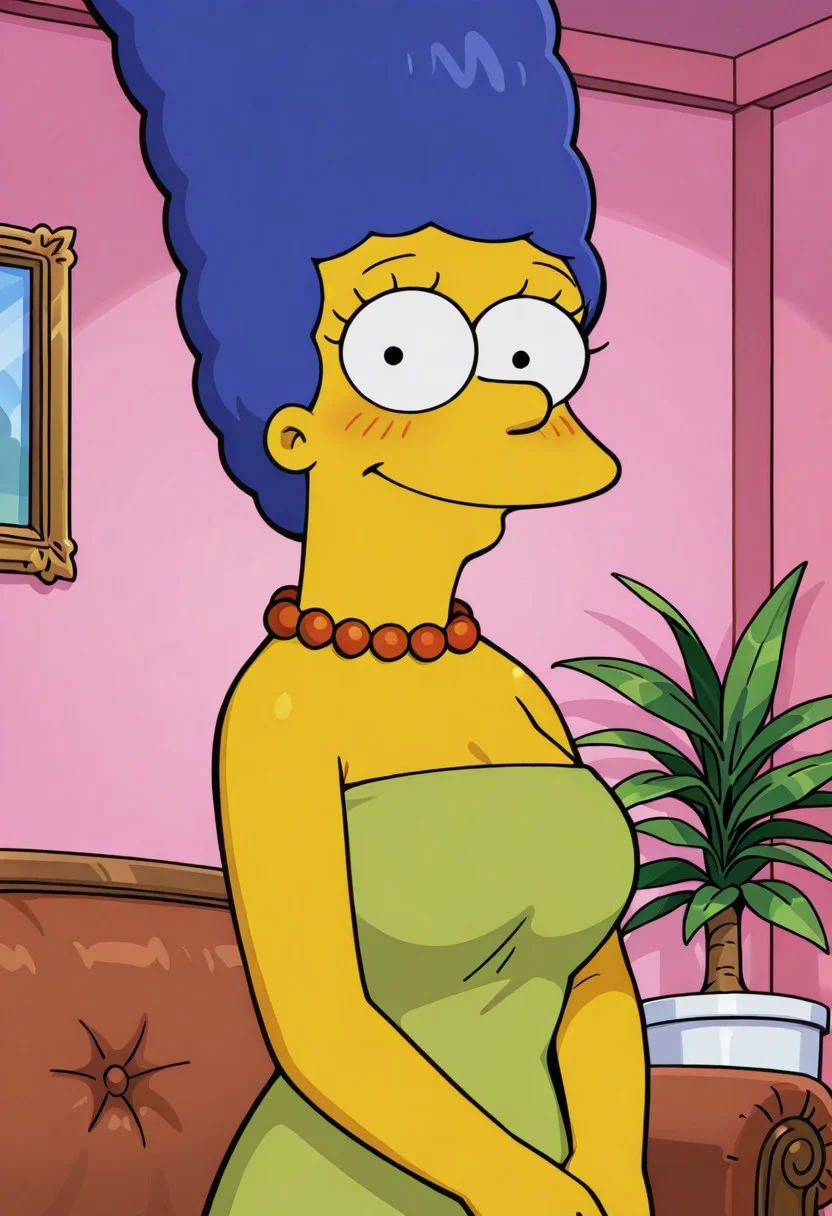 score_9,score_8_up,score_7_up,score_6_up,best quality,masterpiece, 1girl, solo, background is pink house, indoors, potted plant, brown couch, standing, upper body,
BREAK
margesimpson, yellow skin, blue hair, big beehive hair, black eyes, bare shoulders, green dress, pearl necklace smile, medium breasts, looking at viewer, blush