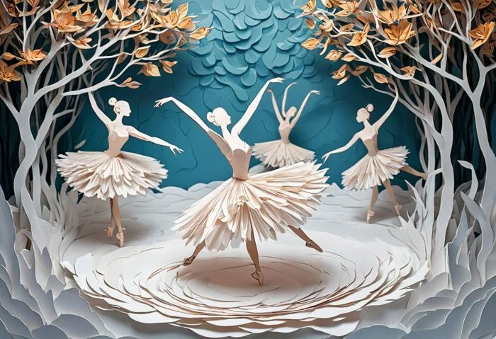 Imagine a three-dimensional image that combines the beauty of ballet with the creativity of paper cutouts, inspired by the art of Jinzhi and the imagination of Van Gogh. The image should have multiple layers to achieve an artistic and surreal effect of a camera