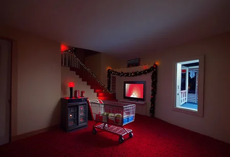 a room with a hole in the middle of it, a painting of a house with a red light on, ocean, a shopping cart is sitting outside of a house, real world location, a stairway way with a lit up exit sign, duckling, coca-cola, a room with a bed and a television in it, train station, a room with a lot of lights and a christmas tree