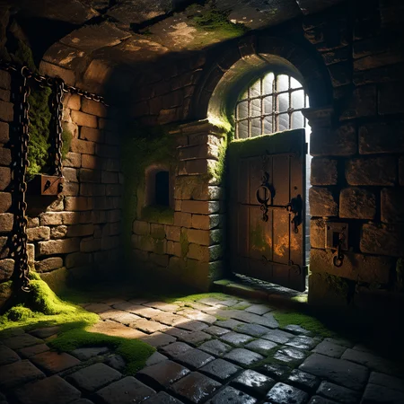 A dark and grim medieval castle dungeon, designed for imprisoning captives. The walls are made of aged, damp stone bricks, cracked and worn with time, with patches of moss and moisture seeping through. The small, claustrophobic space is lit by a single flickering torch mounted on the wall, casting long, eerie shadows across the room. Rusted iron bars form a heavy prison door with a corroded lock and hinges, partially ajar or firmly shut. The floor is rough, uneven stone, covered in dirt and faint stains, hinting at years of suffering. Chains hang loosely from rusted hooks embedded in the walls, their metal corroded and worn. In one corner, a small, grated window lets in a thin sliver of cold, pale light, emphasizing the dungeon's oppressive and hopeless atmosphere. The air feels damp, stale, and heavy with silence, evoking a chilling sense of isolation and despair.
<lora:SDXLFaeTastic2400:0.4> <lora:extremely_detailed:0.4> extremely detailed, Masterpiece,best quality,hi res,8k,hi res,8k,award winning,(sharp focus, intricate, highly detailed),