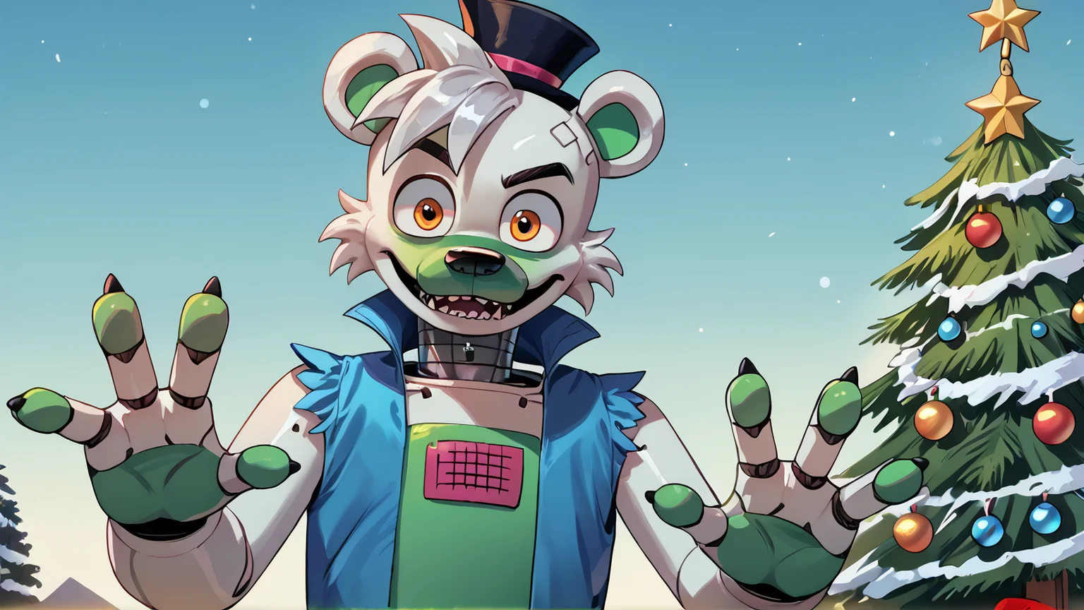 <lora:saucebear_ponyxl-10v1.2:1.7> score_9_up, score_8_up, score_7_up, source_furry, source_cartoon, outside, saucebear, bear ears, large canines, perfect canines, sabertooth, deep blue mini top hat, orange eyes, detailed eyes, green phalanges, four fingers, (((four fingers))), greenish-white body:1.2, (green color front, gray neck, metallic neck:1.5), wearing blue vest, loose vest, thin neck, solo, (looking at viewer), perfect body, detailed hands, toony hands, toony body, toony head, zPDXL2, detailed hat, male focus, nice background, (flat chest), fluffy head:0.8, BREAK, winter scene, christmas tree, christmas scene
<lora:big_eyes_v1:1.0> <lora:zy_Detailed_Backgrounds_v1:0.3>
