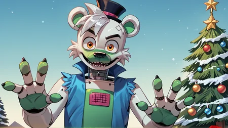 <lora:saucebear_ponyxl-10v1.2:1.7> score_9_up, score_8_up, score_7_up, source_furry, source_cartoon, outside, saucebear, bear ears, large canines, perfect canines, sabertooth, deep blue mini top hat, orange eyes, detailed eyes, green phalanges, four fingers, (((four fingers))), greenish-white body:1.2, (green color front, gray neck, metallic neck:1.5), wearing blue vest, loose vest, thin neck, solo, (looking at viewer), perfect body, detailed hands, toony hands, toony body, toony head, zPDXL2, detailed hat, male focus, nice background, (flat chest), fluffy head:0.8, BREAK, winter scene, christmas tree, christmas scene
<lora:big_eyes_v1:1.0> <lora:zy_Detailed_Backgrounds_v1:0.3>