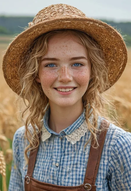 epiCRealism, 1girl, portrait of a farmer girl, bellissima, petit, slender, open smile, wearing leather apron over a checkered white and beige blouse, short sleeves, lace collar and lace on sleeves' rim, neck bow, messy and wavy blond hair, clean blue eyes, natural  beauty, no makeup, big eyes, freckles, large torn straw pointy hat , honest and cute face, wheat field being harvested in the background, hot summer day, sweat brow and temples, warm smile, parted lips, art by mooncryptowow, Detailed natural skin and blemishes without-makeup and acne