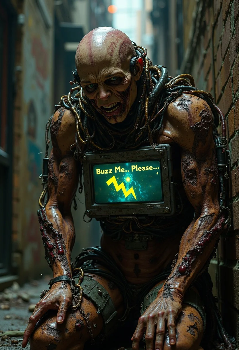 A grotesque cyborg, its body a nightmarish fusion of flesh and rusted metal, sits hunched in a dimly lit alleyway. Twisted wires and cables spill from gaping wounds, sparking intermittently. Its face, a horrifying collage of mismatched human facial features – different eyes, noses, and mouths – stares blankly ahead. A flickering holographic display, projected from a damaged port on its chest, displays the buzzing yellow and blue thunderbolt symbol alongside the desperate plea: "Buzz Me... Please..." The image is rendered in a gritty, hyperrealistic style, emphasizing the grotesque details and the unsettling atmosphere of urban decay. High contrast, claustrophobic framing, and a palpable sense of dread.