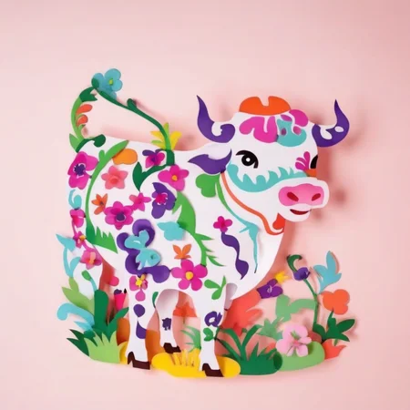 an image of colorful cow,grass,solid white background,colorful SP_CN_PPC,paper cutting <lora:0204_paper_cutting-checkpoint-5000:1.0>