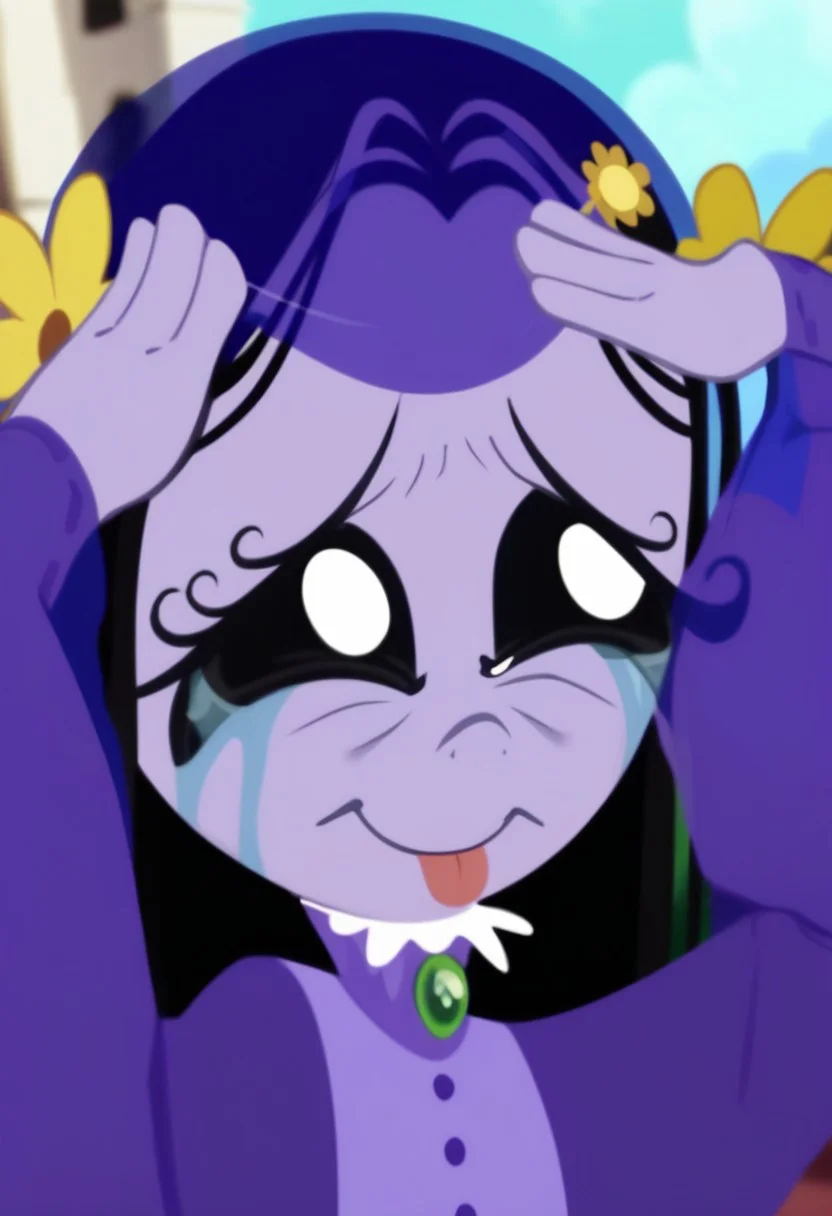 score_9, score_8_up, score_7_up, AhEtoBlehMeme, closed eyes, tongue out, :p, hands on own head, smile, <lora:AhEtoBlehMeme_pdxl_Incrs_v1:1>, MiseryRG, black hair, black eyes, pale purple skin, tears trail, purple veil, yellow flower hairclips, white-collared purple buttoned dress, long purple sleeves,