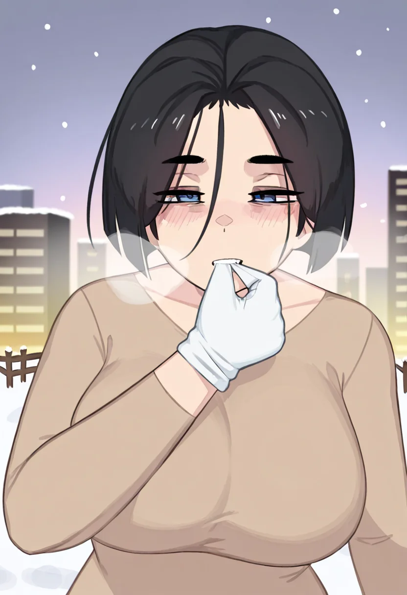 1girl, akiyama yuko, blue eyes, black hair, brown shirt, long sleeves, 
biting a glove between teeth, impatient expression, narrowed eyes filled with determination, heavy snowfall in background, warm breath visible in the cold air, strands of hair escaping from under a hood, winter cityscape in the distance, tense and dramatic
<lora:Character_Akiyama Yuko:1>