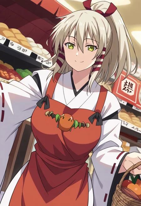 score_9, score_8_up, score_7_up, source_anime, <lora:uka-no-mitama-no-kami-s1-ponyxl-lora-nochekaiser:1>, uka no mitama no kami, long hair, blonde hair, hair ribbon, yellow eyes, ponytail, tress ribbon, large breasts,, japanese clothes, miko, apron, red apron,, farmers market, fresh produce, local vendors, baskets, sunny day, community, , , smug, solo,, cowboy shot, dutch angle,
