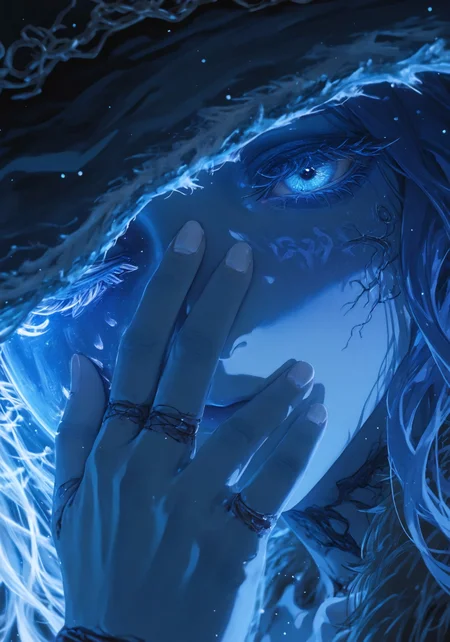 (neutral look:1.3),(face focus:1.5),(hand covering face:1.4),(eye peeking through hand:1.4)

(1 girl:1.5),(Ranni the witch:1.5),(elden ring:1.5), (mature:1.5), (adult:1.5), (blue eyes:1.2), (small breast:1.2), (short:1.4),(one eye closed:1.1), (blue hair:1.3), (wavy hair:1.1), (4 arms:1.4), (extra arms:1.4), (extra faces:1.4), (ghost face:1.4), (blue skin:1.2), (colored skin:0.8), (cracked skin:1.1), (doll joints:1.2), (detailed hair:1.4),(hair strands:1.4),(one eye closed:1.1),(witch hat,fur robe,white dress)

(Blue theme),(dark Background:1.2),(cold hue:1.2),(dreamy aesthetic:1.3),(cave lake:1.4),(glowing:1.3),(sketches:1.3)

(dynamic pose:1.3),(dynamic angle:1.3),(shallow depth of field),(dreamy atmosphere:1.5),(hazy:1.3)

xxx667_illu,alphonse,masterpiece,best quality,absurdres,newest,very aesthetic,amazing quality,highres,sensitive,(detailed:1.5),((Detailed background :1.5))
