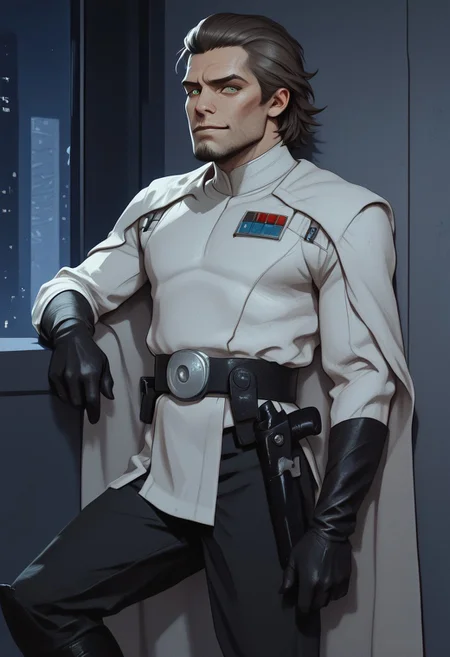 highres, very detailed, amazing quality, masterpiece,
very aesthetic, particle effect, solo, 1boy, 1male, green eyes, looking at viewer, slight muscle tone, skin, strong face, solo, toned arms, white cape, short brown hair, slicked back hair, goatee, rogue smirk, yellow lightsaber, Jedi, holstered E-11, sci fi theme, Star Wars theme, looking at viewer, tough pose, cocky, leaning back on wall, nighttime, City background, GE_Uniform, black boots, black pants, imperial-tech, imperial-style, black short gloves, white captain uniform, dynamic lighting, DS-Illu, createconcept,